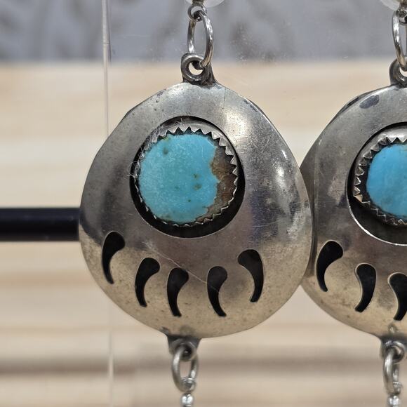 Silver Turquoise Bear Paw Feather Dangle Earrings Native American Tribal - Picture 12 of 13